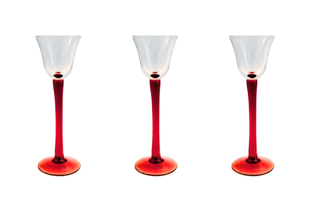 Set of 4 Retro Italian Long Red Stem Grappa Glasses