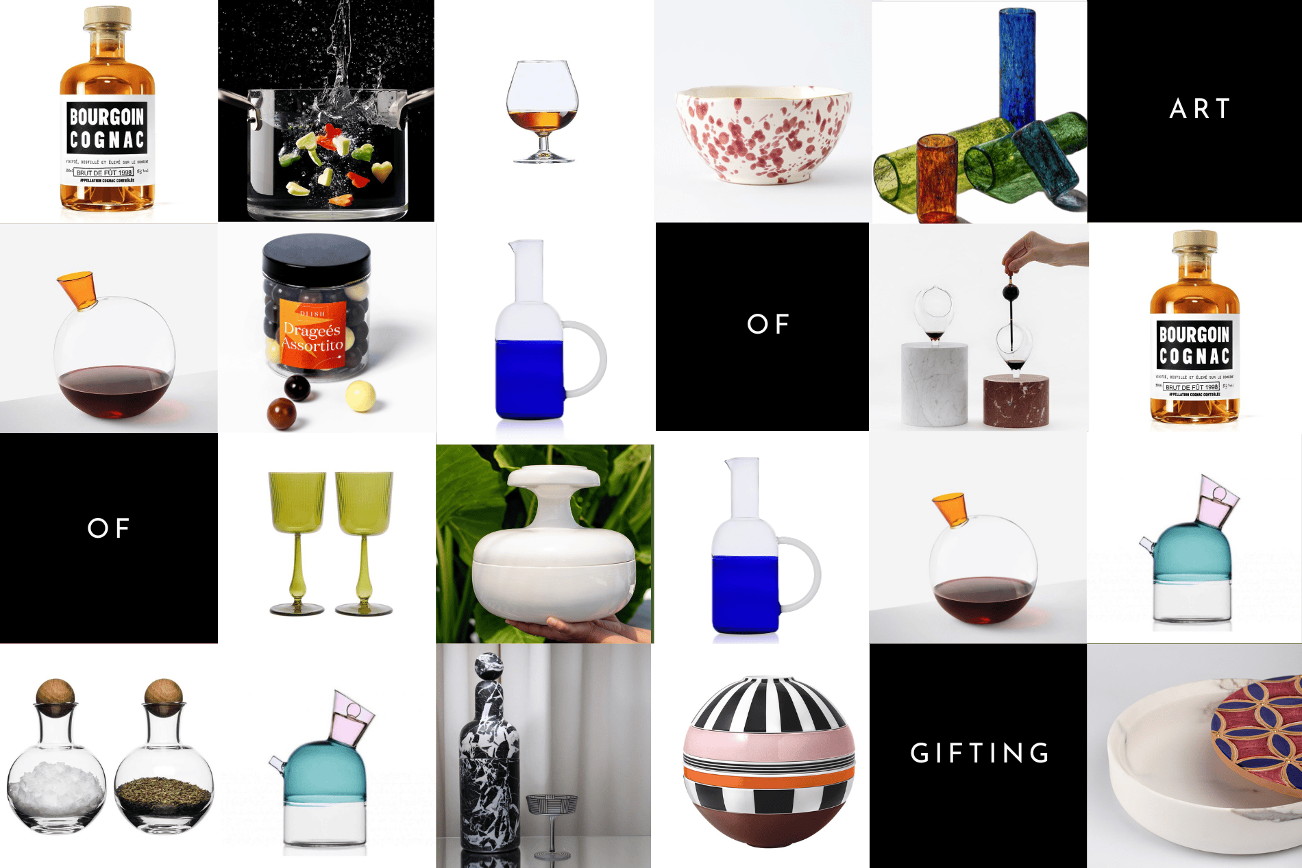 DLISH Art of Gifting editorial collage featuring Italian luxury products: bottles, ceramics, olive oil, cognac and artisan pantry items curated for corporate gifting