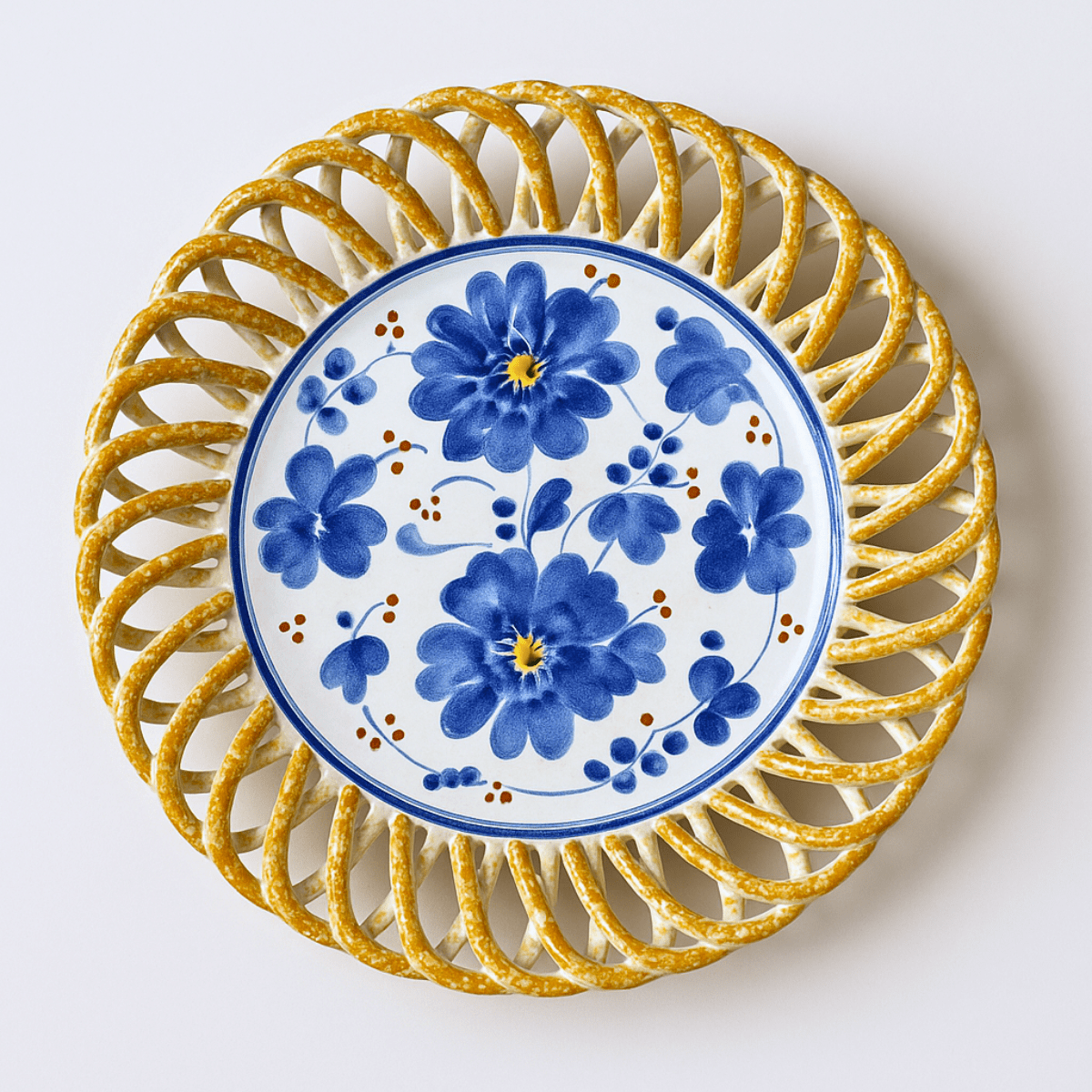 Hand-Painted 1970s Italian Plates with Basket-Weave Rim – Vintage
