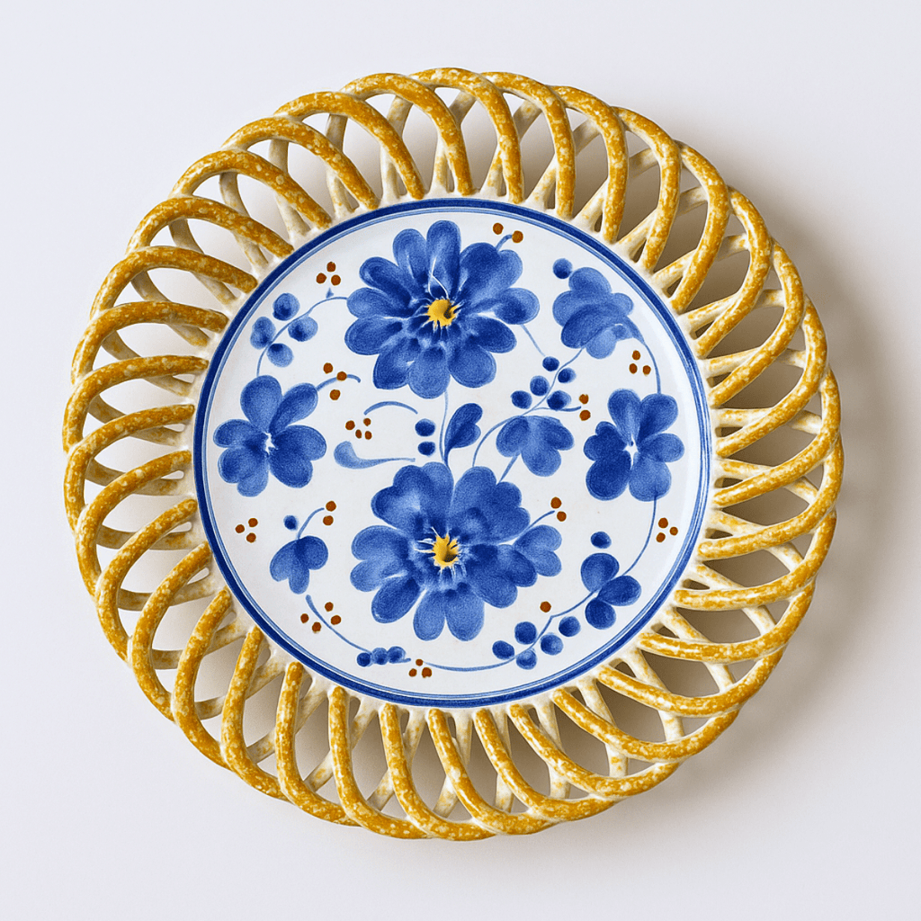 Hand-painted vintage Italian ceramic plate with cobalt blue floral motif and pierced basket-weave rim by Ceramica Di Simone, Cunardo 1970s artisan tableware.