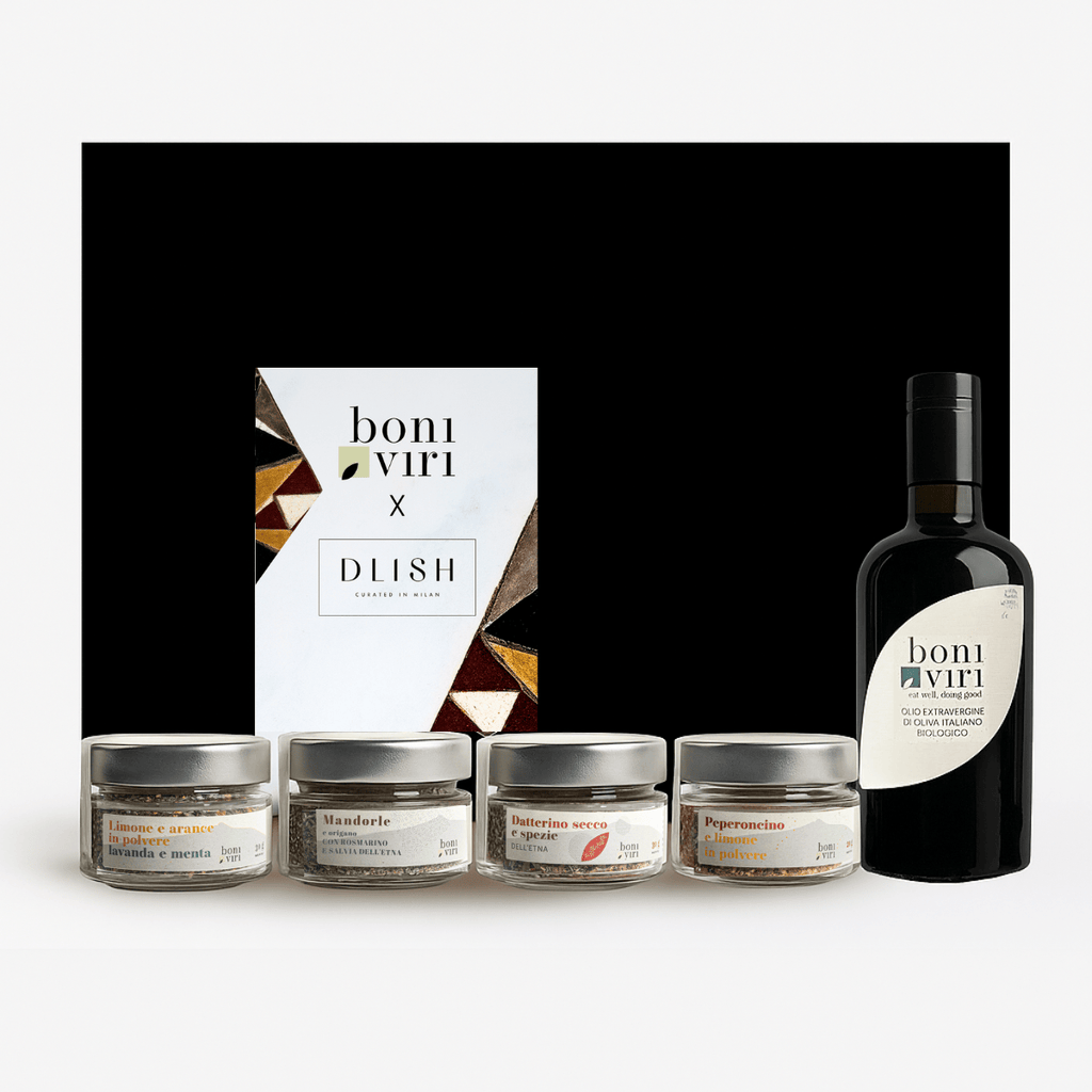 Boniviri DLISH sustainable Sicilian spice and olive oil gift box with four artisan spice blends and organic carbon-neutral extra virgin olive oil from Mount Etna