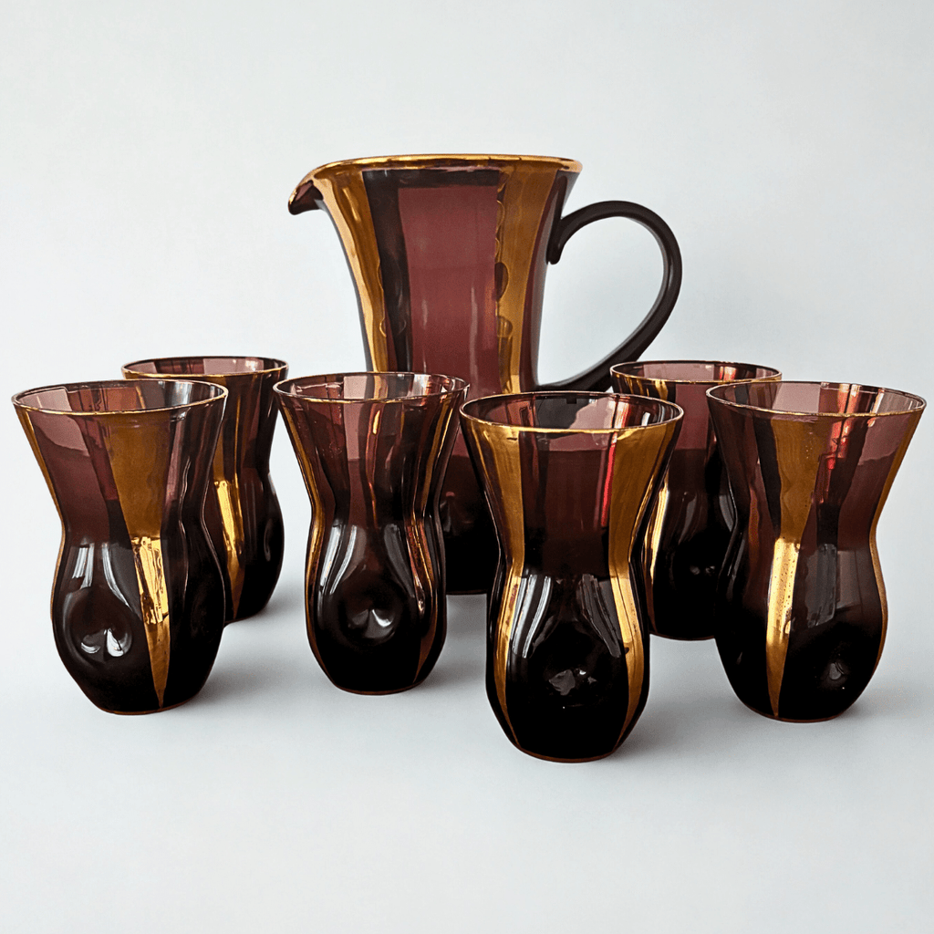 Vintage amber and plum glassware set with pitcher and six tea glasses — handblown glass with gold detailing, perfect for luxury hosting or collectible drinkware.