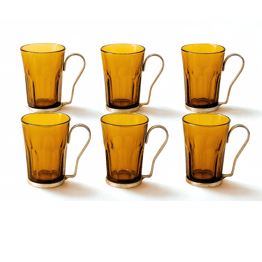 Set of six vintage Italian amber glass tea cups with metal handles mid-century modern tea glassware ideal for espresso, tea, or unique vintage gift sets.